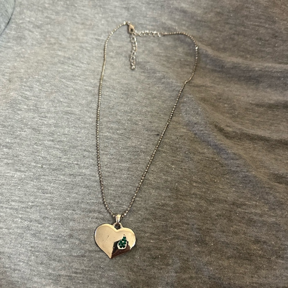 Silver Heart Pendant Necklace with Green Gem